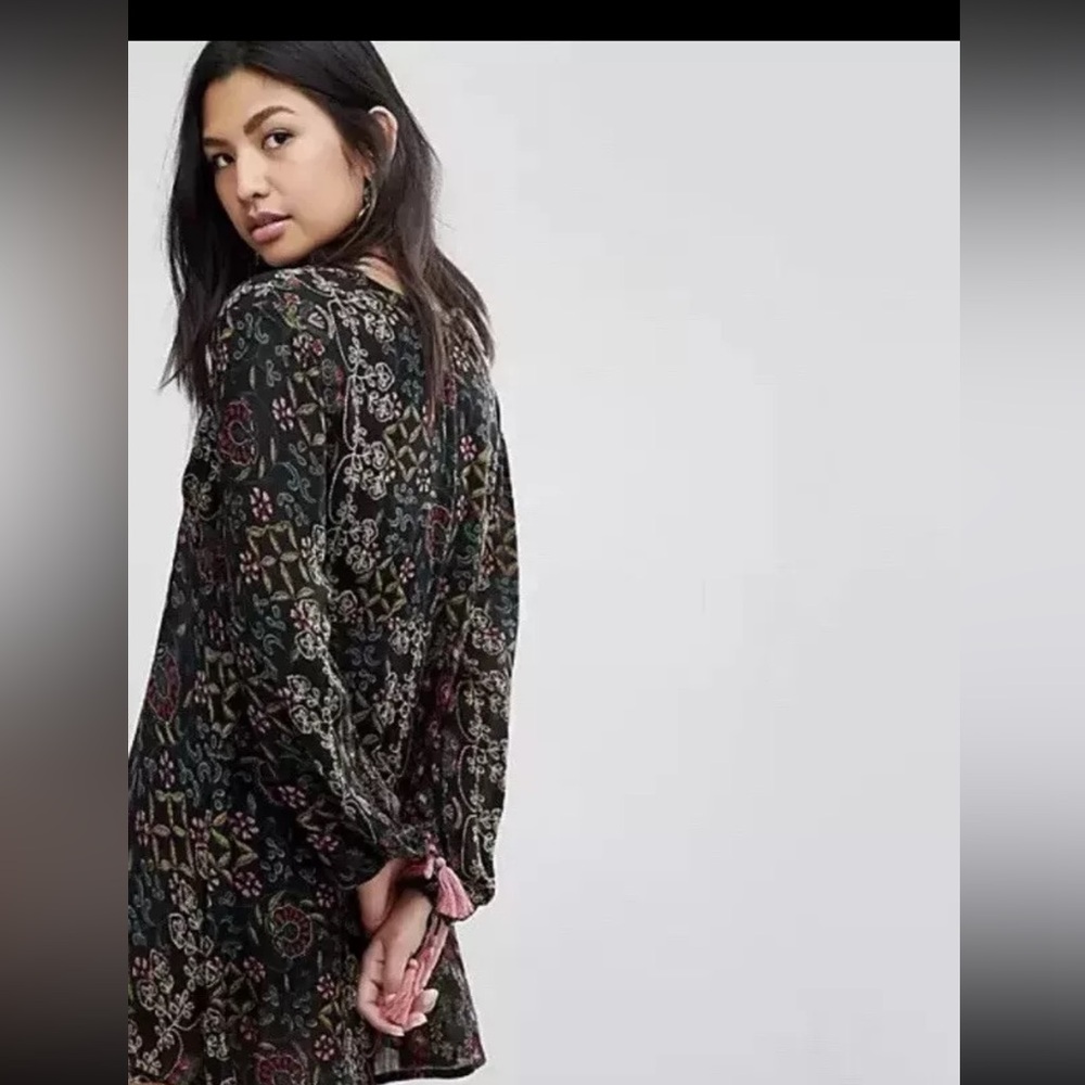 Raga black floral long sleeve tassel mini dress small
